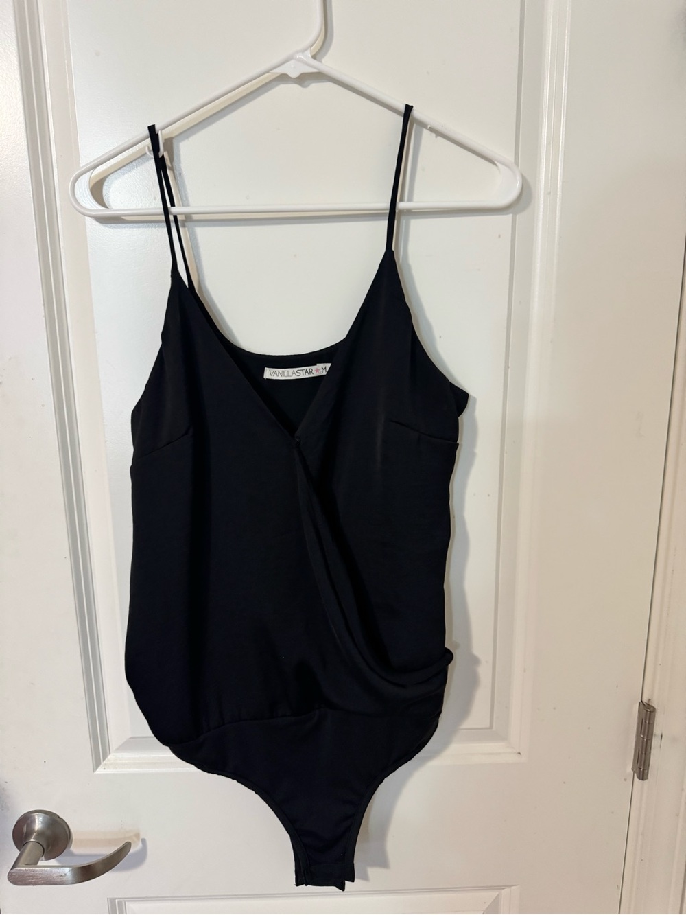 Vanilla Star Black Draped V-Neck Spaghetti Strap Bodysuit